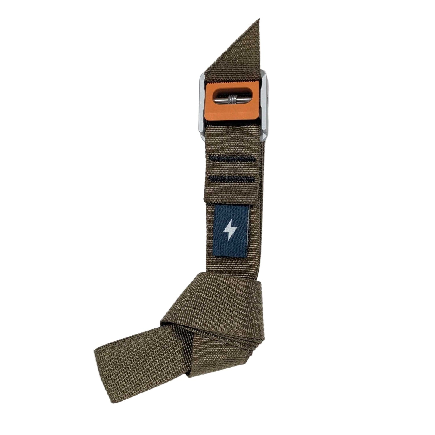 Brown strap with an orange buckle and a blue patch with a white symbol on a white background