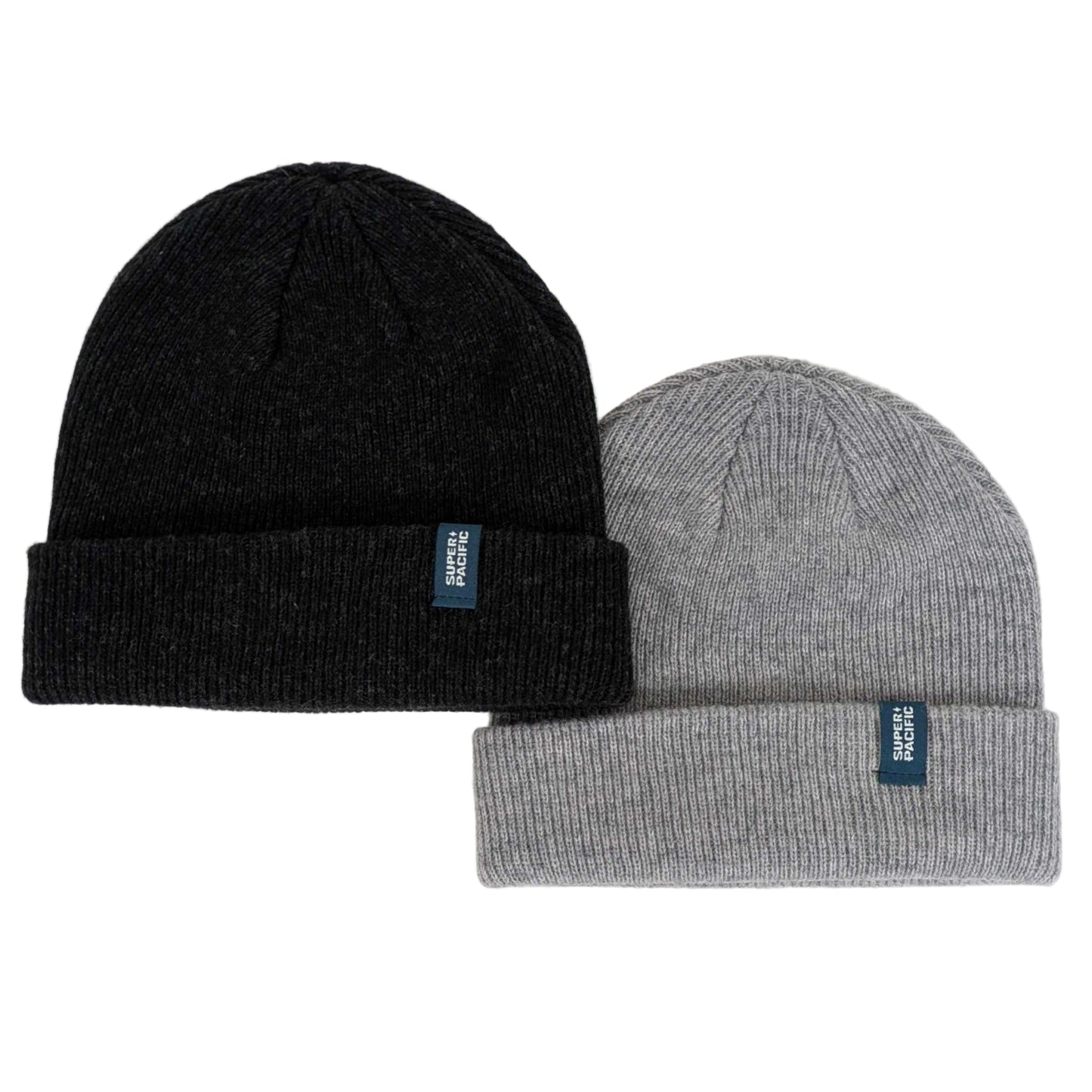 Two beanies, one black and one gray, with a brand label on a white background.