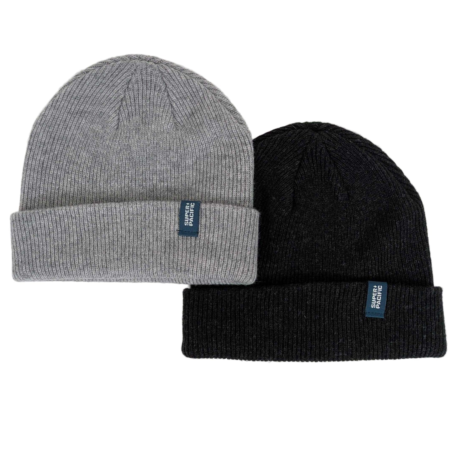 Two beanies, one gray and one black, with a brand label on a white background.
