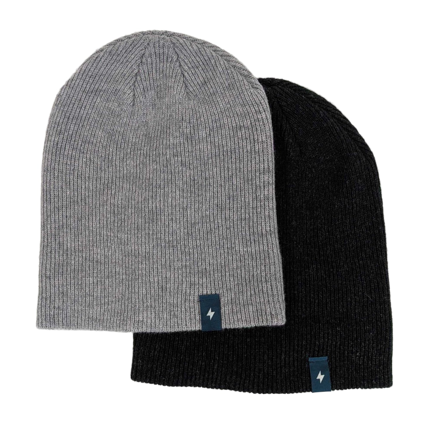 Two knit beanie hats, one gray and one black, on a light gray background.