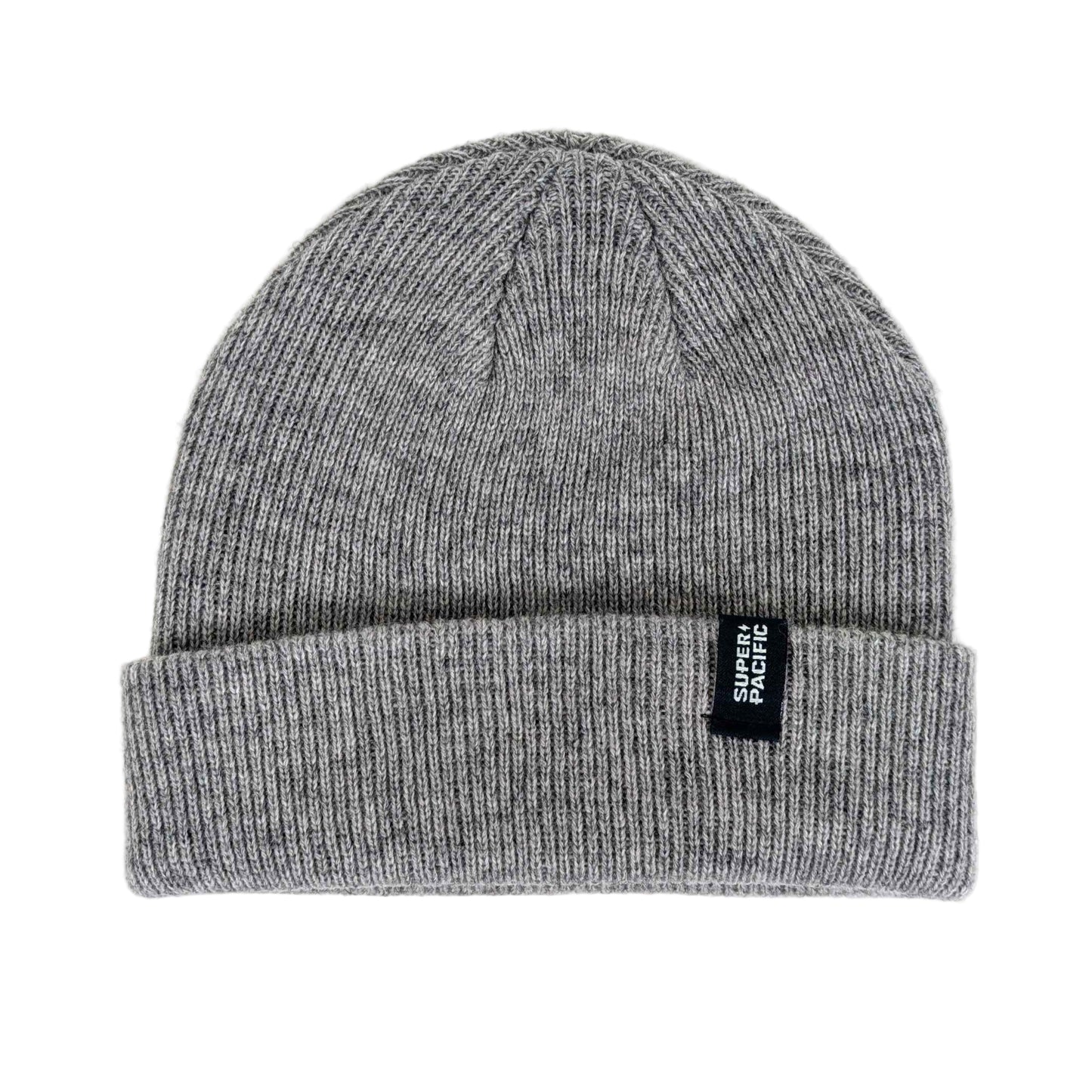 Gray knit beanie with a brand label on a white background