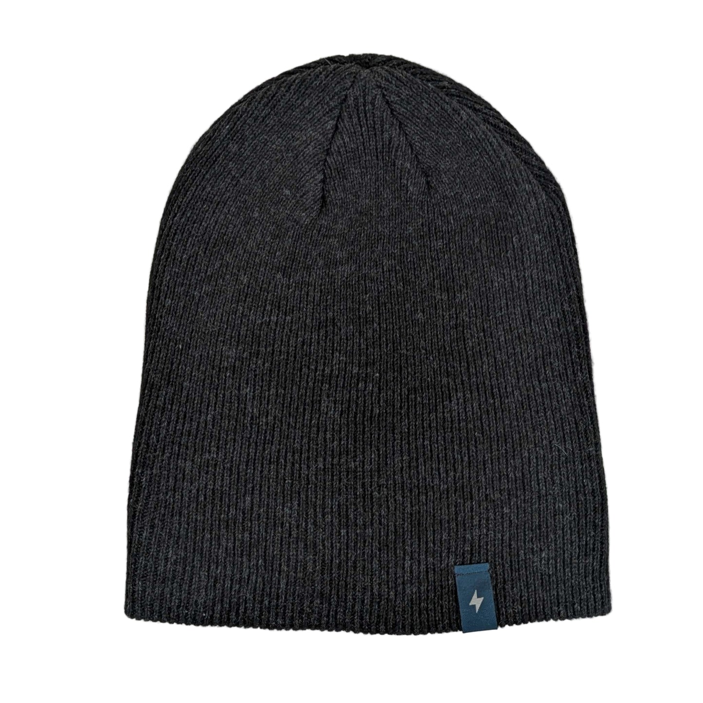 Dark gray knit beanie with a blue tag on a light gray background