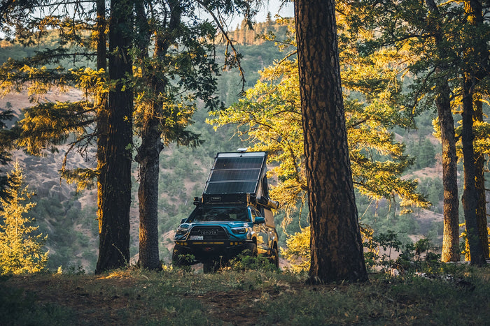 A blue Toyota Tacoma with a Super Pacific camper is parked in an autumn mountain forest..