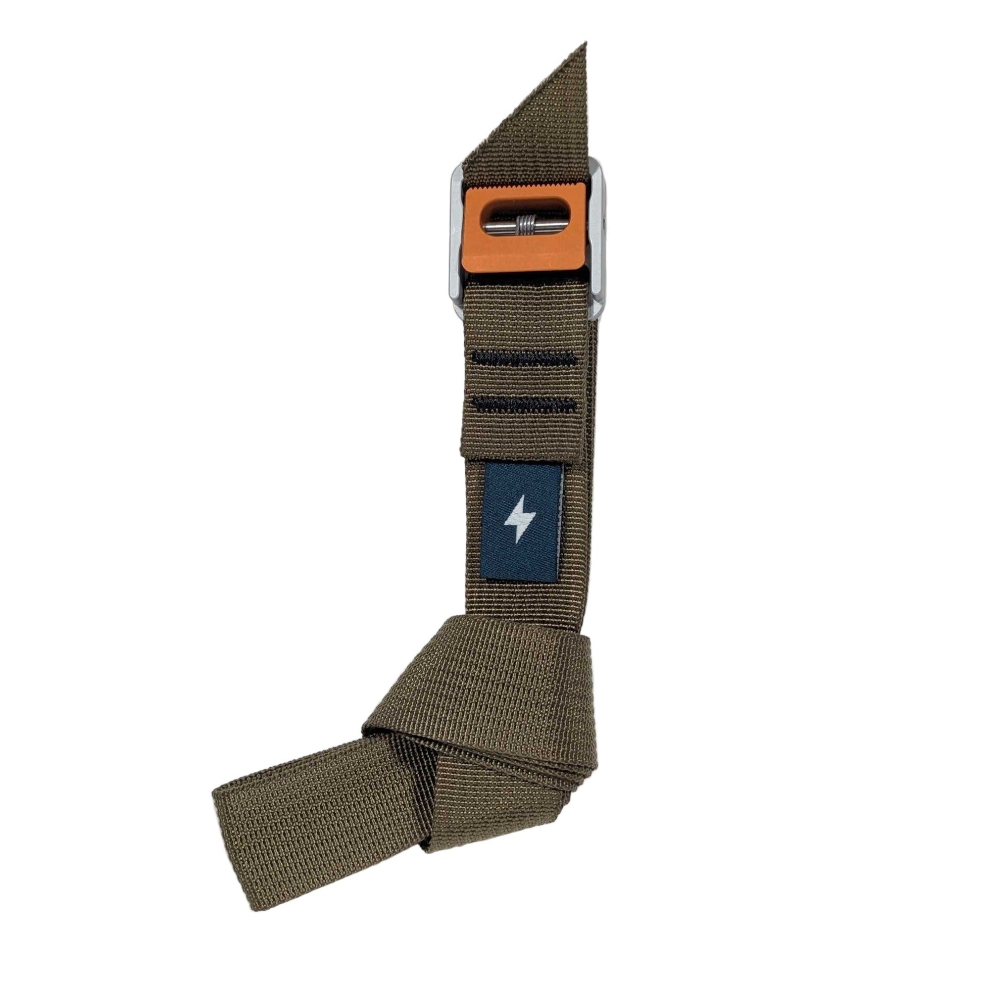 Brown strap with an orange buckle and a blue patch with a white symbol on a white background