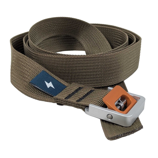 Brown strap with a silver cam buckle and blue label on a white background