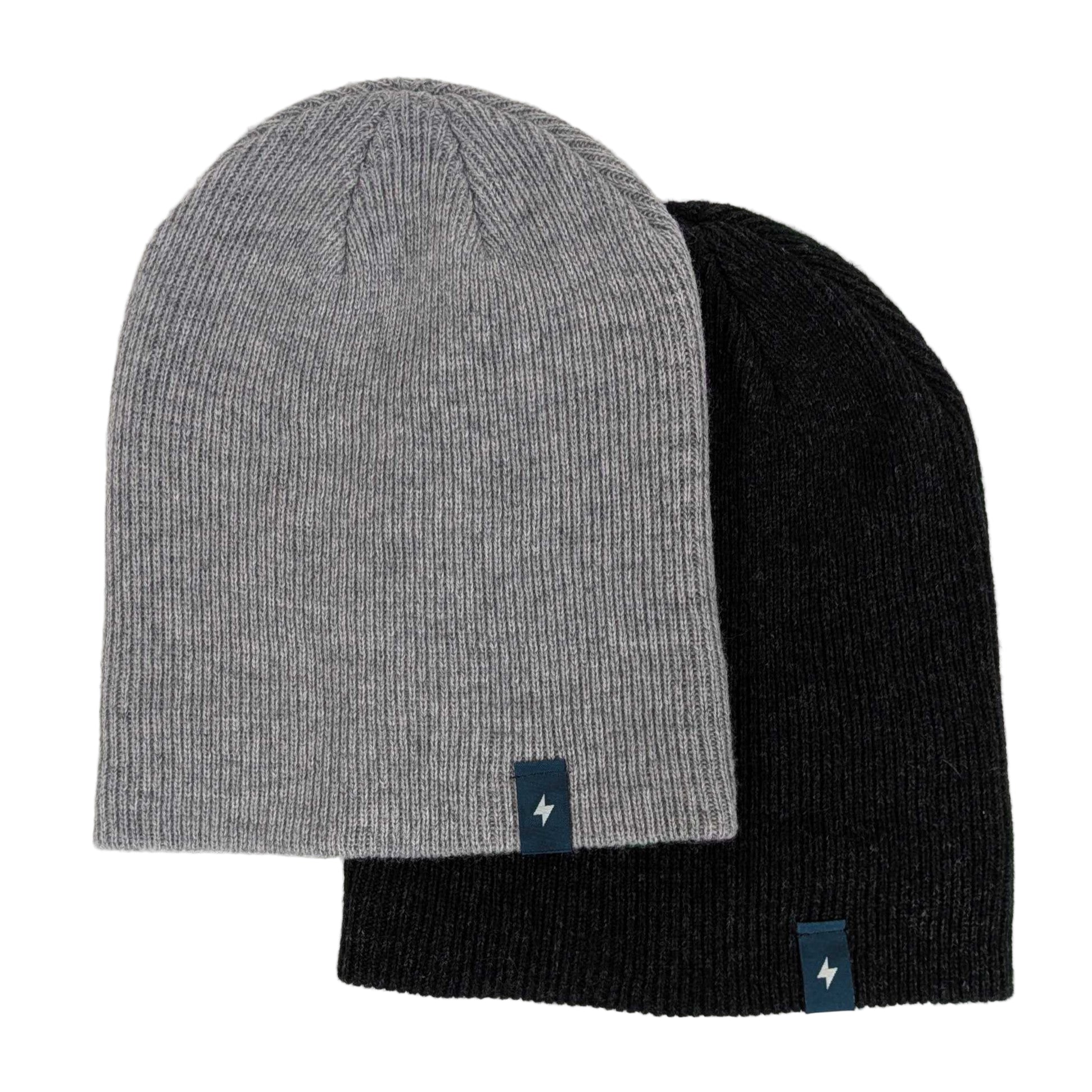 Two knit beanie hats, one gray and one black, on a light gray background.