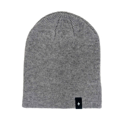 Gray knit beanie with a azure logo tag on a white background
