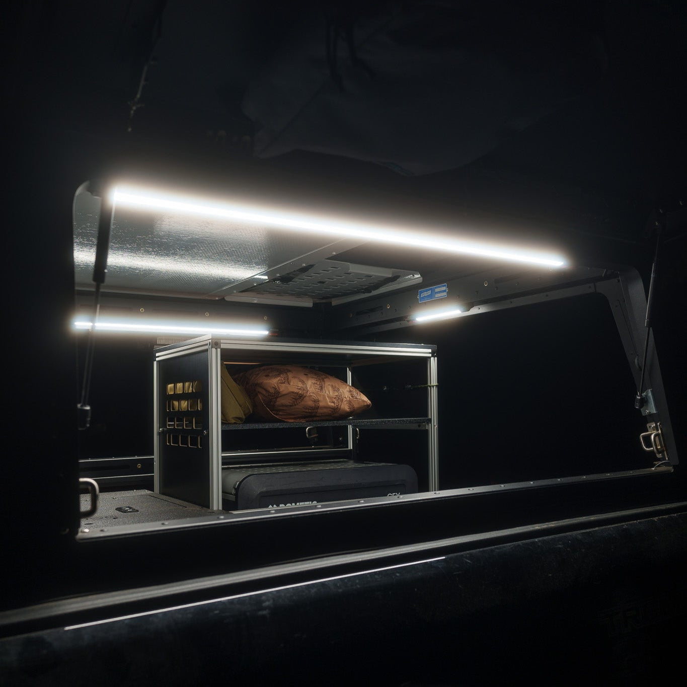 Super Pacific X1 truck camper with lighting kit.