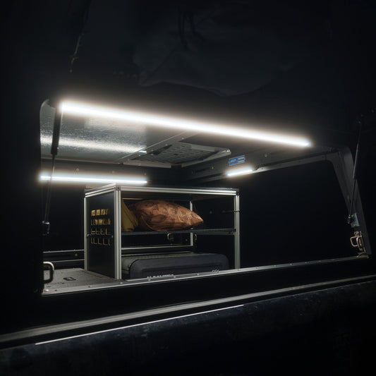 Super Pacific X1 truck camper with lighting kit.