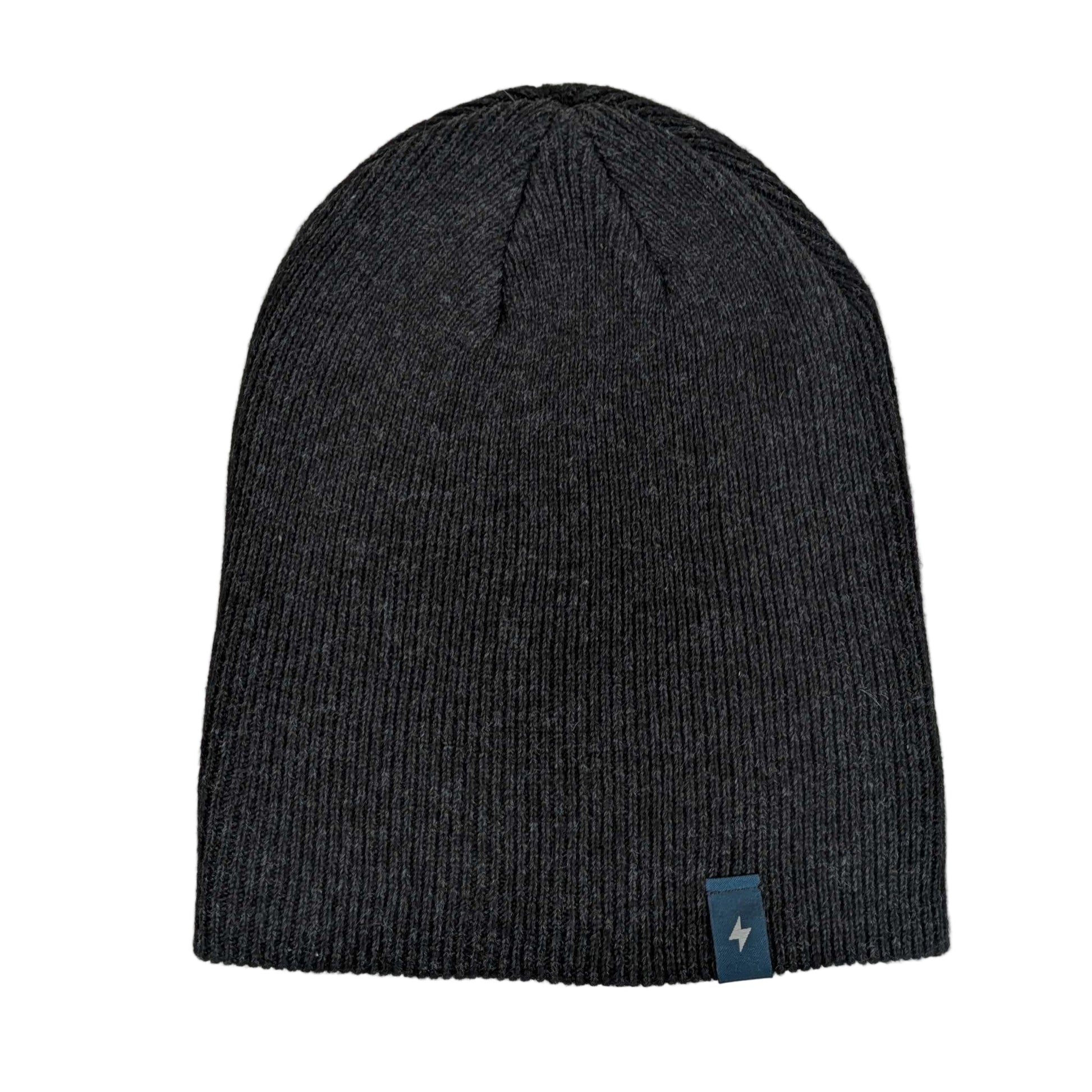 Dark gray knit beanie with a blue tag on a light gray background