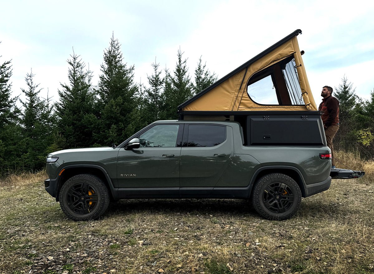 Super Pacific X1 camper tent deployed on Rivian R1T