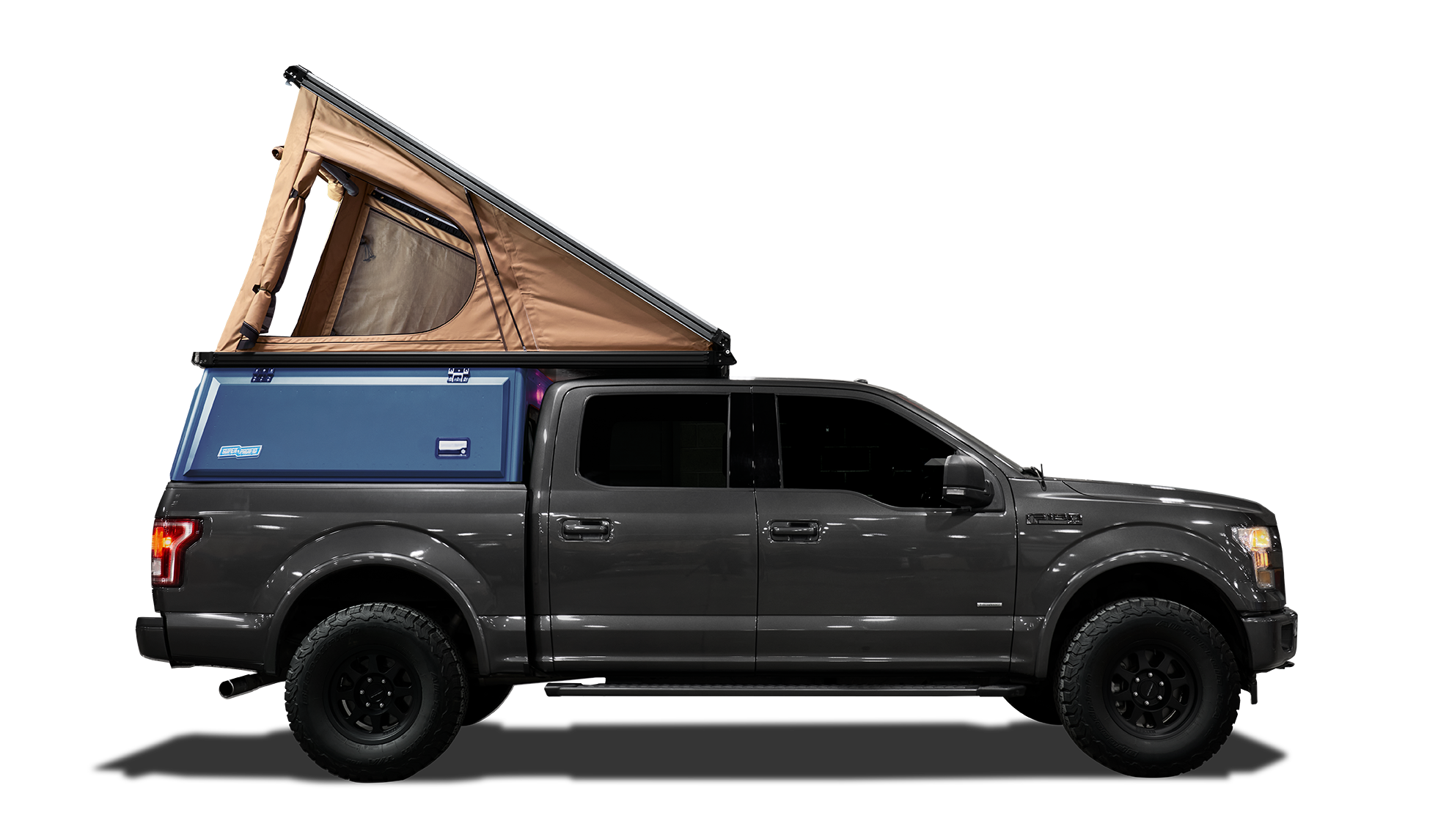 Side view of Ford F150 with X1 Camper opened.